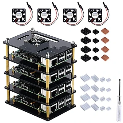 Imagen de GeeekPi Cluster Case para Raspberry Pi 4 Modelo B, con ventilador de refrigeración y disipadores calor 3 B+, 3/2 B