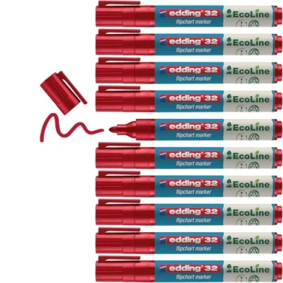 Imagen de edding 31 EcoLine marcador para flipcharts rojo 10 rotuladores punta redonda de 1,5 3 mm escribir, dibujar y marcar sobre papel recargable, no traspasa, mancha