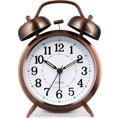 Imagen de Reloj despertador fuerte para adultos que duermen pesadamente, de metal, 4 pulgadas, funciona con pilas, decoración dormitorios, silencioso, sin tictac (rojo marrón)
