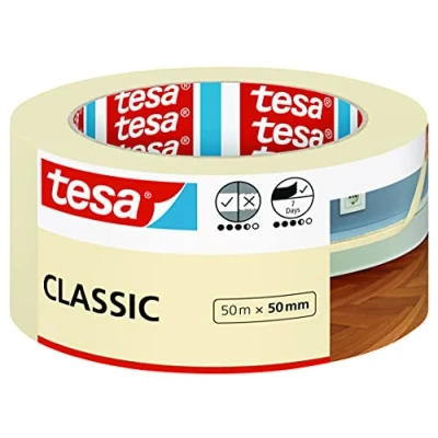 Imagen de tesa Cinta de Carrocero CLASSIC Enmascarar para Trabajos Pintura sin Disolventes, Removible dejar Residuos 50 m x mm, Blanco
