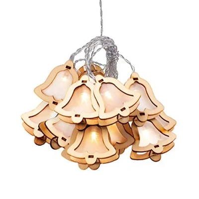 Imagen de DecoKing guirnalda de 10 luces LED con temporizador, campanas madera, luz blanca cálida, estática, funciona pilas, madera
