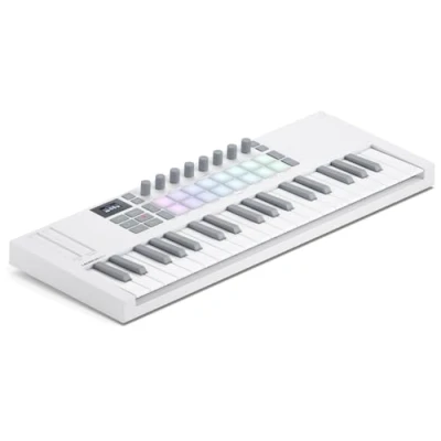 Imagen de Novation Launchkey Mini 37 Blanco [MK4]: Controlador de teclado MIDI portátil, teclas, USB e integración DAW. Modos Chord y Scale, pads percusión, arpegiador paquete software musical