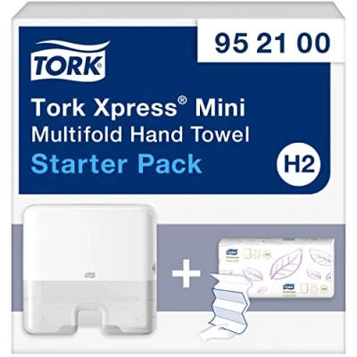 Imagen de Tork 952100 Kit de inicio mini / 1 x Dispensador + Recambio toallas mano para el sistema entredobladas H2 Blanco (100 hojas)
