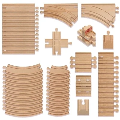 Imagen de THE TWIDDLERS 64 Piezas Juego de Vías Tren Madera Construir Su Propio Ferrocarril, Compatible con Las Principales Marcas Trenes Juguete, Amplia Selección Carriles Rectos y Curvos