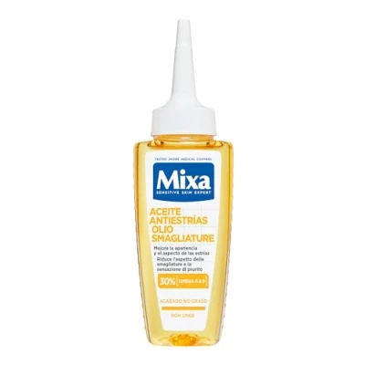 Imagen de Mixa Aceite Antiestrías con un 30% de [Omega 6 y 9]. Mejora la apariencia las estrías. Apto para estrías embarazo o cambios peso. Acabado no graso. Clínicamente probado. 100 ml.