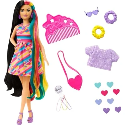 Imagen de Barbie Totally Hair Pelo extralargo Corazón Muñeca pequeña con vestido, melena arcoíris y accesorios de corazones para el pelo, juguete +3 años (Mattel HCM90)