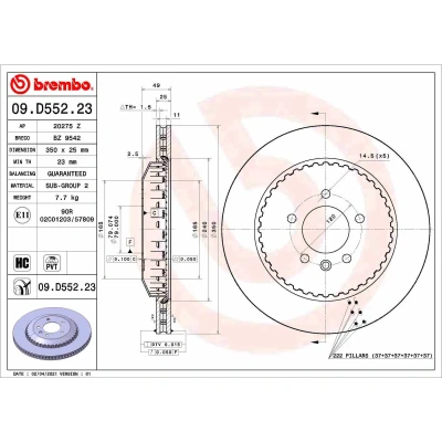 Imagen de BREMBO 09.D552.23 disco de freno 350 25 5 ventilación interna, dos piezas revestido altamente carbonizado