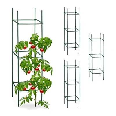 Imagen de Relaxdays Set 4 Jaulas Tomates, Soporte Plantas Trepadoras, Tutor Tomateras, 120 x 32 cm, Acero y Plástico, Verde