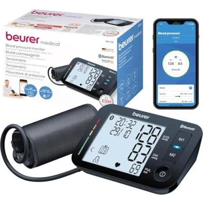 Imagen de Beurer BM 54 tensiómetro de brazo, digital con pantalla XL, conexión a aplicación protección datos certificada, detección arritmias, manguito grande para brazo 22 44 cm