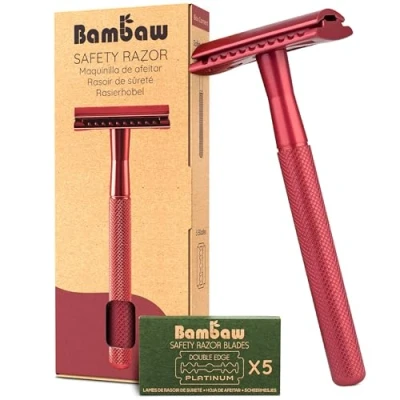 Imagen de Bambaw Maquinilla de Afeitar Clásica Doble Filo con 5 cuchillas afeitar, para Mujeres y Hombres, Single Blade Safety Razor Rojo
