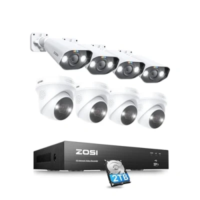 Imagen de ZOSI Kit de Cámara Vigilancia PoE, 8CH 4K 8MP H.265+ Grabador NVR con 8pcs 5MP Seguridad IP Exterior, Visión Nocturna en Color, Alarma Movimiento, 2TB HDD Incluido