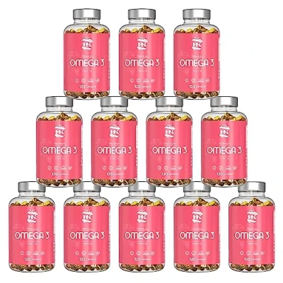 Imagen de Omega 3 capsulas 1000mg Ácidos Grasos de Aceite Pescado 400 mg DHA, 800 EPA y vitamina E Para mantener el sistema cardiovascular arterial saludable 120 softgel (12 Botes)