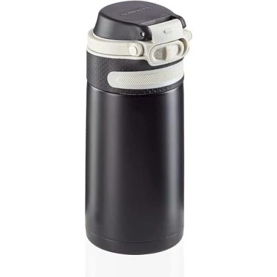 Imagen de Leifheit Botella térmica Flip (350 ml) con tapón de rosca, vaso hermético bloqueo adicional contra fugas, termo portátil, uso una mano, negro
