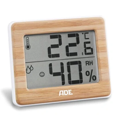 Imagen de ADE Higrómetro digital para indicar la humedad y zona de confort termómetro con indicación precisa temperatura pantalla LCD bambú