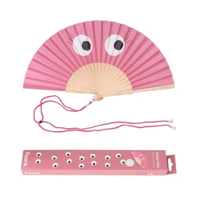 Imagen de Fisura Abanico original con estampado de ojos rosas. madera moderno y colorido. Ventilador mano rosa. Colgador incluido. Medidas: 42,5 x 23 cm