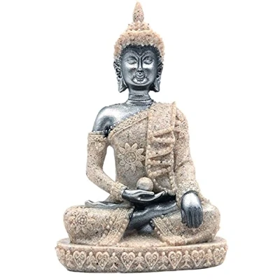 Imagen de ANCLLO The Hue Sandstone Meditación Estatua de Buda Escultura Tallada a Mano Adornos para decoración del hogar, Figura resina piedra arenisca tallada, Negro Dorado #8133