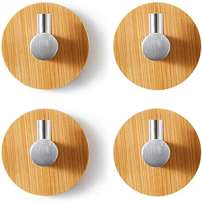Imagen de 4 Piezas Gancho De Pared Bambú, Ganchos Bambú Acero Inoxidable, Autoadhesivos, Sin Perforación Inoxidable y Para Toallas Baño, Inodoro, Cocina (Plateado)