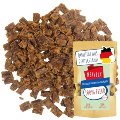 Imagen de MERVELA® Golosinas para perros de caballo, 500 gramos, calidad alemana, aperitivo entrenamiento, 100% natural, sin cereales, recompensa perfecta viajes