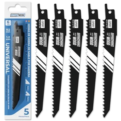 Imagen de EFFEKTWERK hojas de sierra sable para madera (5 piezas) corte y plástico, acero con alto contenido carbono (HCS) 6 TPI (dientes por pulgada)