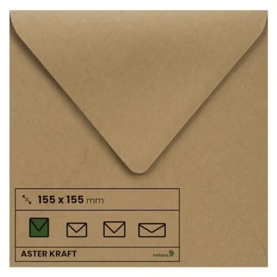 Imagen de Netuno 100x sobres cuadrados marrones de papel Kraft DIN K4 155x155mm 100g Aster solapa puntiaguda engomada sin ventana ECO reciclados para invitaciones tarjetas boda bautizo Navidad regalo vale