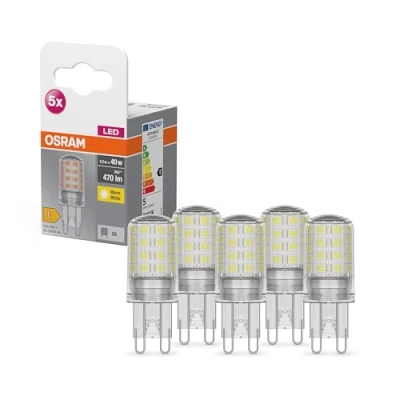 Imagen de OSRAM Lámpara LED Star PIN, G9 base, vidrio transparente ,Blanco cálido (2700K), 470 Lumen, sustituto de 40W iluminante 5 paquete