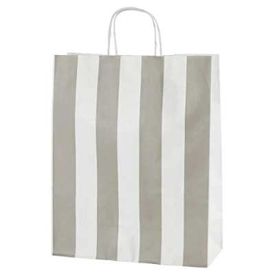 Imagen de Thepaperbagstore 25 Bolsas De Papel Colores, Reciclables y Reutilizables, con Asas Retorcidas, Rayas Blancas Gris Claro Medianas 250x110x310mm