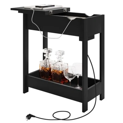 Imagen de EUGAD Mesita Auxiliar, Mesa de Sofa con Tablero Plegable, Compartimento Oculto y Estante Almacenaje, Estrecha Enchufe Puertos USB, Ideal para Salón Dormitorio, Negro, 0002CHJ