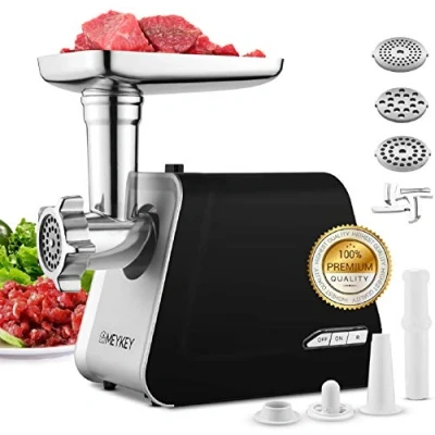 Imagen de Meykey Picadora de Carne Eléctrica, 2000W Max, 3 IN 1 Salchicha y Máquina con Placas Molienda,Embutidora Salchichas, Acero Inoxidable,Función Inversa (Negro 1)