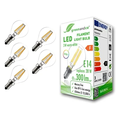 Imagen de 5x Bombilla de filamento LED greenandco® IRC 90+ E14 G45 3W (corresponde a 28W) 300lm 2700K (blanco cálido) 360 230V AC vidrio, sin parpadeo, no regulable