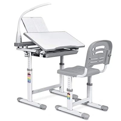 Imagen de COSTWAY Escritorio para Niños con Lámpara Silla Mesa de Dibujar Lectura Infantil Ángulo y Altura Ajustable (Gris)