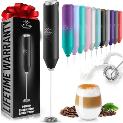 Imagen de Zulay Kitchen Potente varita espumadora de leche Mini Espumador mano acero inoxidable Mezclador bebidas a pilas para café, lattes, capuchino, matcha