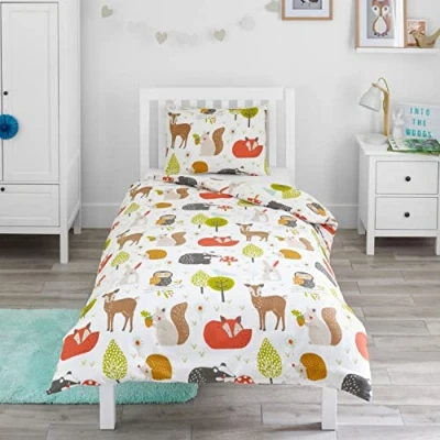 Imagen de Bloomsbury Mill Juego de Funda Nórdica Reversible para Niños y Niñas Animales del Bosque Edredón Individual Almohadas Cama Infantil 135 x 200 cm