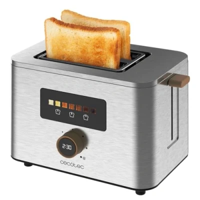 Imagen de Cecotec Tostadora Vertical 2 Ranuras Cortas Touch&amp;Toast Double, 950 W, Rebanas de Pan, Extra Anchas 3.8 cm, Pantalla Táctil y Perilla Digital, Acabados en Acero Inoxidable