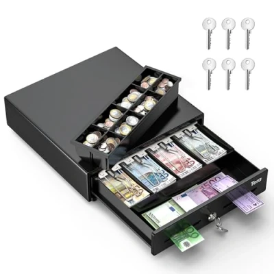 Imagen de Tera Cajón de Dinero Eléctrico para POS con 4 Compartimentos Billetes 8 Monedas 6 Llaves Apertura Automática Cerradura Llave Ranura Medios Pequeñas Empresas 330G