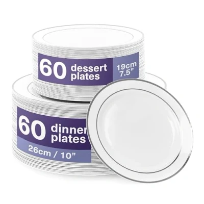 Imagen de MATANA 120 Platos de Plástico Blanco Premium con Borde Plateado, 2 Tamaños Elegantes y Reutilizables Vajilla Resistente e Irrompible para Bodas, Cumpleaños, Catering, Fiestas