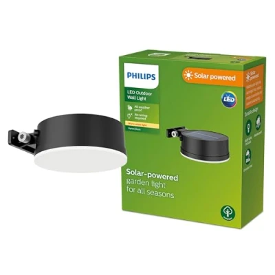 Imagen de Philips Lighting Aplique pared Exterior Vynce, alimentación solar, formato redondo, 1.5W, 2700K,negro, resistente a intemperie IP44