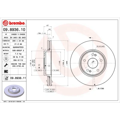 Imagen de BREMBO COATED DISC LINE 09.8936.11 Disco de freno 280 24 5 ventilación interna revestido con tornillos RENAULT: LAGUNA 2, 2 Grandtour