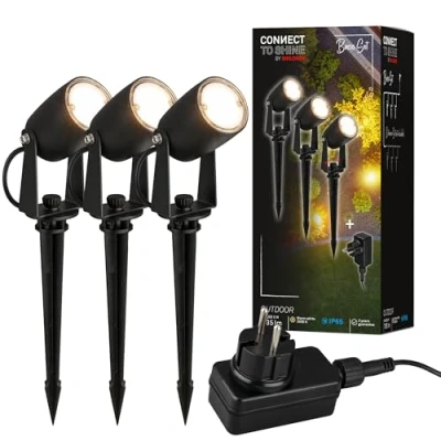 Imagen de Briloner Iluminación de jardín Connect to Shine 12 V, juego 3 focos LED con estaca, básico transformador, IP65, luz blanca cálida, foco para jardín, 25,5x4 cm, negro