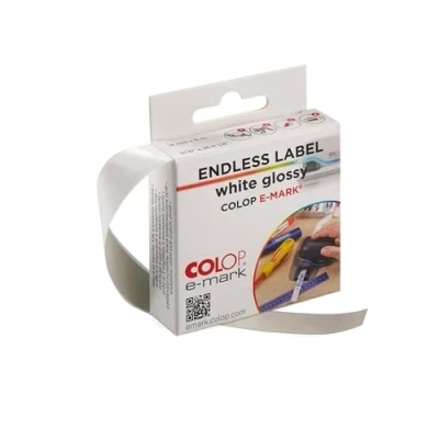 Imagen de COLOP e mark Etiquetas continuas blancas brillantes, rollo de 14 mm x 8 m, resistente a salpicaduras y arañazos. Accesorios para mark, create go.