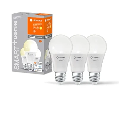 Imagen de LEDVANCE Smarte LED Lampe mit WiFi Technologie, Sockel E27, Dimmbar, Warmweiß (2700 K), ersetzt Glühlampen 60 W, SMART+ Classic Dimmable, 3er Pack