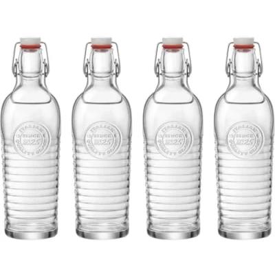 Imagen de Bormioli 4er Set botella de cristal officina(1825) curvada 1,2 Liter con cierre y motivos florales en relieve, Transparente