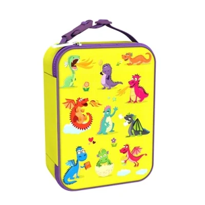 Imagen de ion8 Bolsa Termica Porta Alimentos, Cremallera Fácil Acceso en 3 Lados, Bolsillo Externo para Botellas, Acolchado y Forrado Lavable, Parche de Nombre, Poliéster, Impreso, Dragones