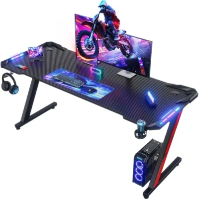 Imagen de Devoko Escritorio Gaming con Luces LED, 160 x 60cm RGB Mesa Forma Z, de Ordenador Grande Gancho para Auriculares y Portavasos, Gamer Oficina en Casa, Negro