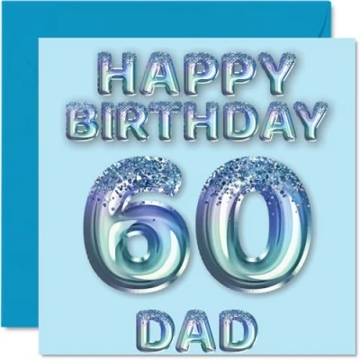 Imagen de Tarjeta de cumpleaños número 60 para papá, globos fiesta con purpurina azul, tarjetas feliz papá años, padre hijo e hija, felicitación 145