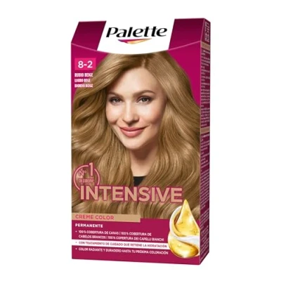 Imagen de Schwarzkopf Palette Intensive Creme Color Tono 8.2 cabello Rubio Beige Coloración Permanente de Cuidado con Aceite Marula Óptima cobertura canas duradero hasta 8 semanas