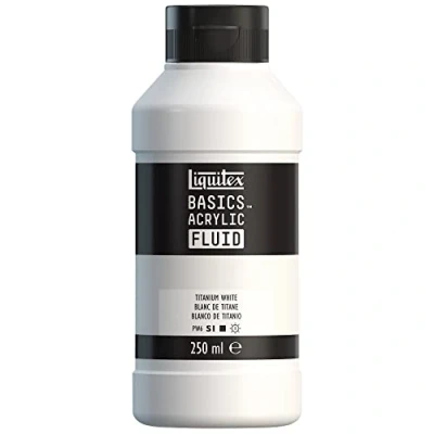 Imagen de Liquitex Basics Fluid Pintura acrílica de consistencia fluida, secado rápido, resistente a la luz, impermeable, acabado satinado permanente, bote 250 ml, blanco titanio