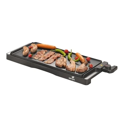 Imagen de SENYA Plancha Eléctrica XL 2200 W Gran superficie de cocción 51 x 25 cm Antiadherente, revestimiento efecto piedra Grill Termostato Ajustable Limpieza compatible con Lavavajillas, Negro