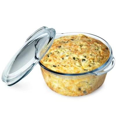 Imagen de KADAX Cacerola de cristal resistente al calor, recipiente ignífugo, olla con tapa y asas, vajilla para asar, horno, cocina eléctrica, lasaña, carne, transparente (redonda 2,15 L)
