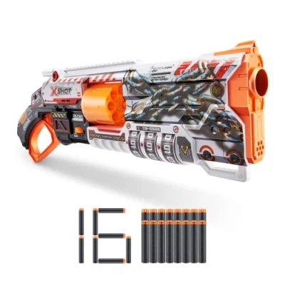 Imagen de XSHOT Skins Lock Blaster de ZURU con 16 Dardos, Barril Giratorio, tecnología Dardos Bolsillo Aire, Mecanismo Bloqueo código único, Lanzador Espuma Juguete para niños,