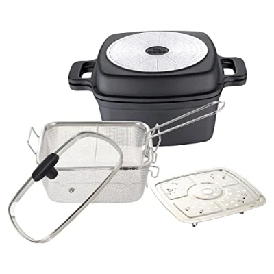 Imagen de MasterPRO Foodies Juego de ollas 5 piezas en 1 multifunción aluminio fundido Cocinar, asar, freír y cocer al vapor Incluye accesorios Para todo tipo fuegos, tamaño grande